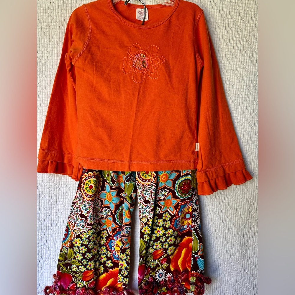 Oilily Velvet Patterned Pants & Coordinating LS ruffled embroidered Shirt Size